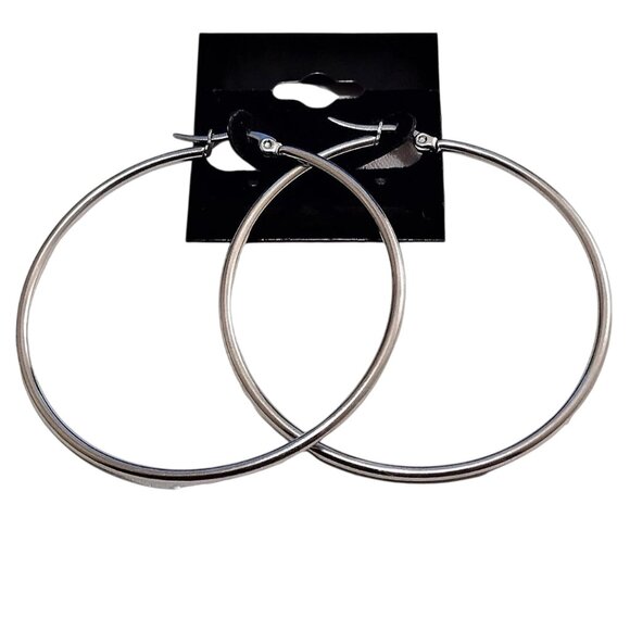 2 Inch 50mm Thin Hoop Pierced Post Earrings Silver Tone 2mm Band - Picture 2 of 4